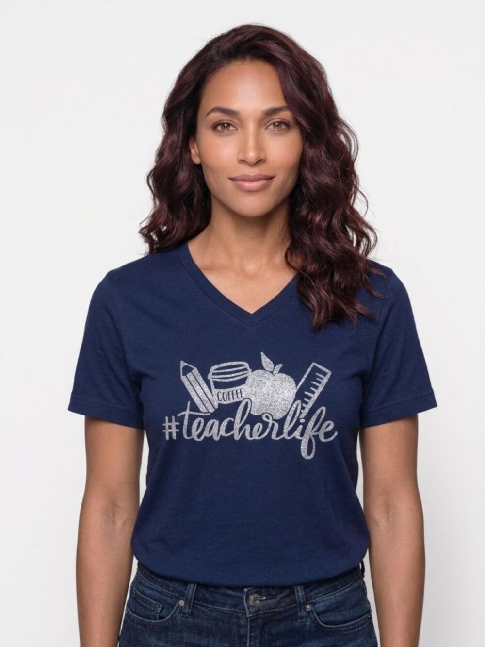 #TeacherLife Womens V-Neck T-Shirt Navy Bella+Canvas Glitter Graphic Tee M